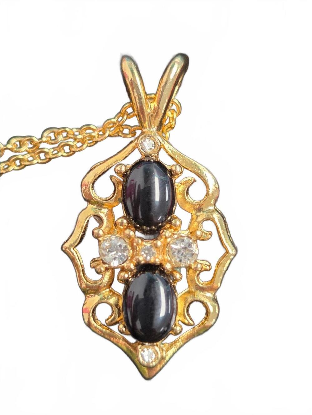 Vintage Gold Tone Necklace with Black Onyx and Clear Stones Pendant